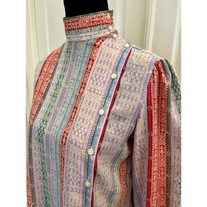 Vintage late-1980s - 1990s Nicola Asymmetrical High-Collar Tribal Print Blouse.